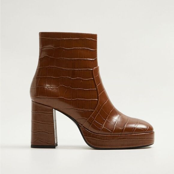 MANGO Croc-effect Ankle Boots Brown Women’s Size 38 - Picture 1 of 10